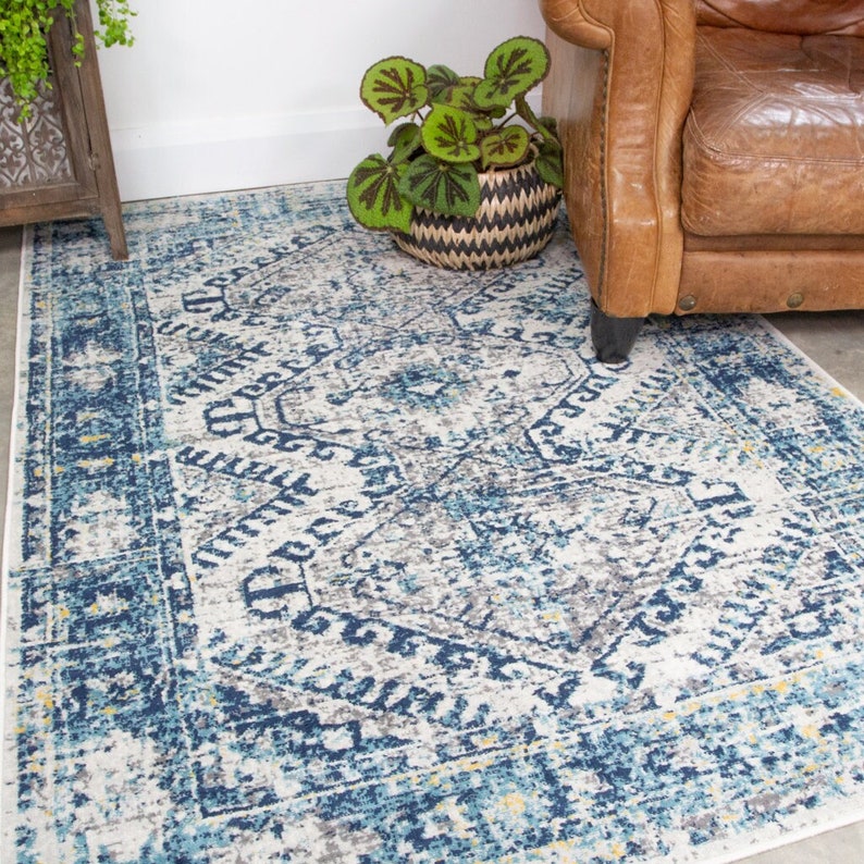 Tapis oriental traditionnel bleu marine ocre, tapis de salle à manger en effet vieilli pour salon, cuisine, tapis géométriques doux pour chambre à coucher image 1