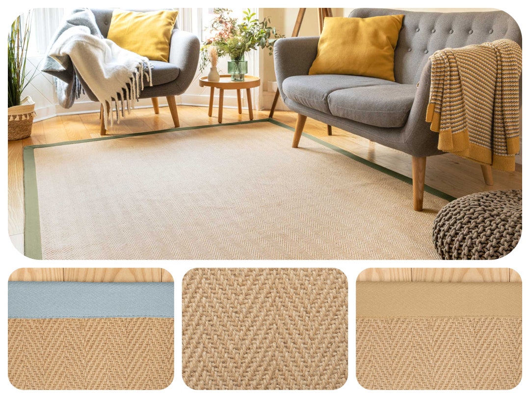 Cotton Border Jute Rugs Large Natural Herringbone Sisal Bordered Rug Hardwearing Bedroom Living