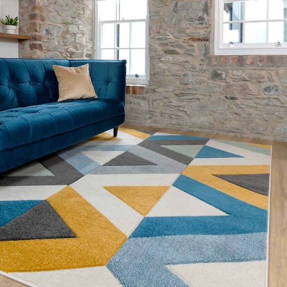 Alfombra geométrica azul crema para sala de estar, alfombra grande