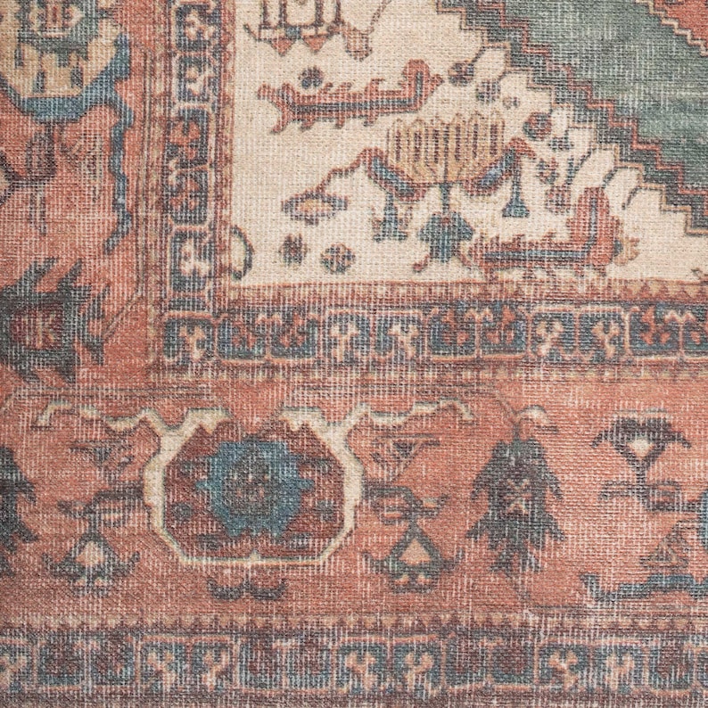 Alfombra tradicional de terracota verde para sala de estar, alfombra lavable de estilo bohemio persa con bordes imagen 5
