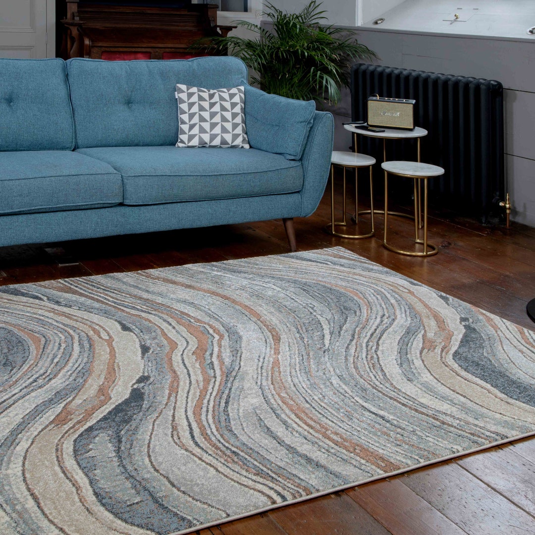 Soft Blue Beige Distressed Area Rug Natural Waves Living Room Bedroom