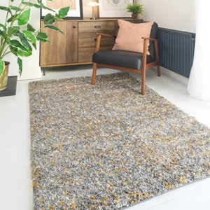 Tapis à poils longs chiné chiné gris jaune ocre, poils duveteux denses et très épais pour chambre ou salon, tapis de sol image 1