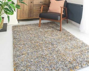 Tapis à poils longs chiné chiné gris jaune ocre, poils duveteux denses et très épais pour chambre ou salon, tapis de sol