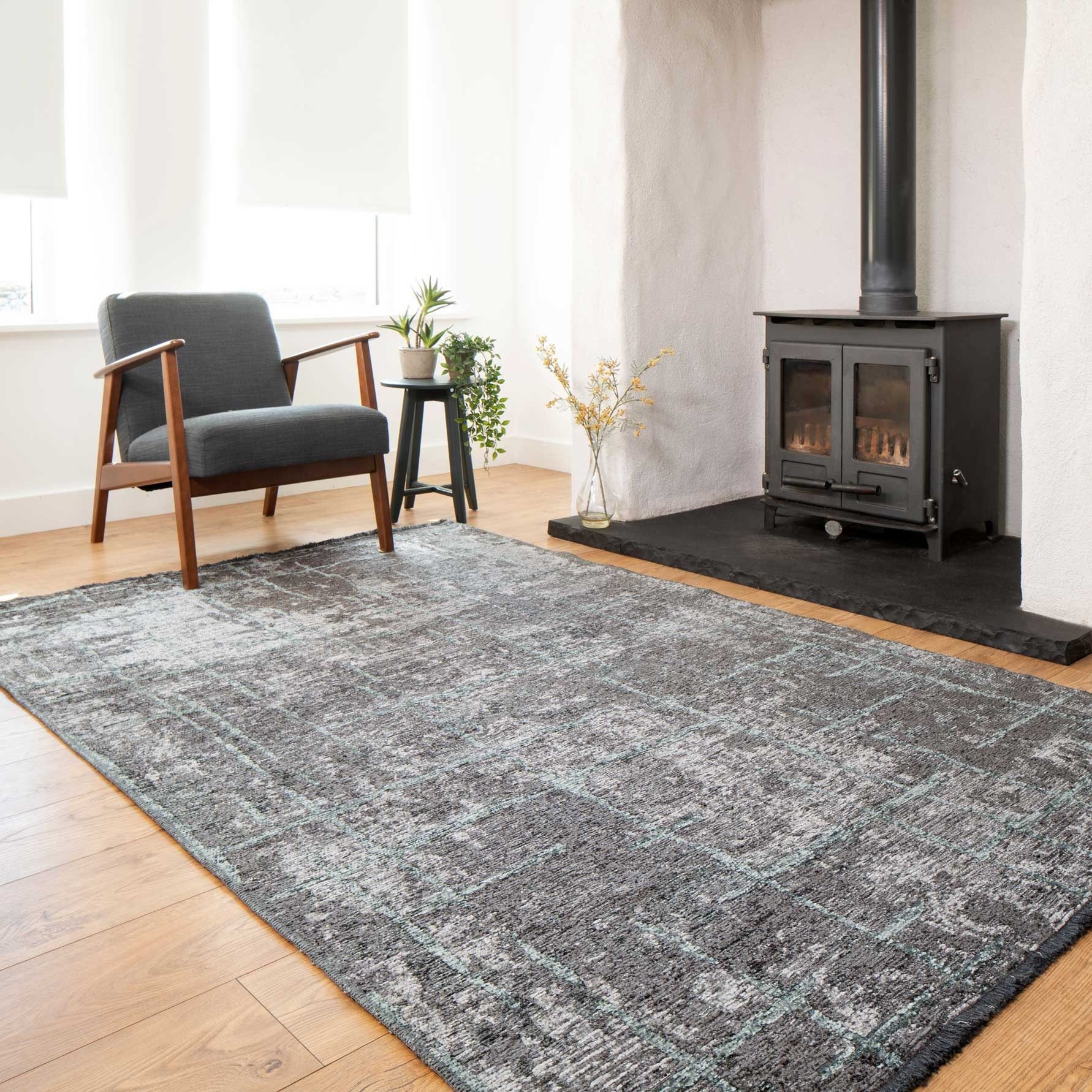 Reversible Distressed Abstract Charcoal Grey Area Rug Large
