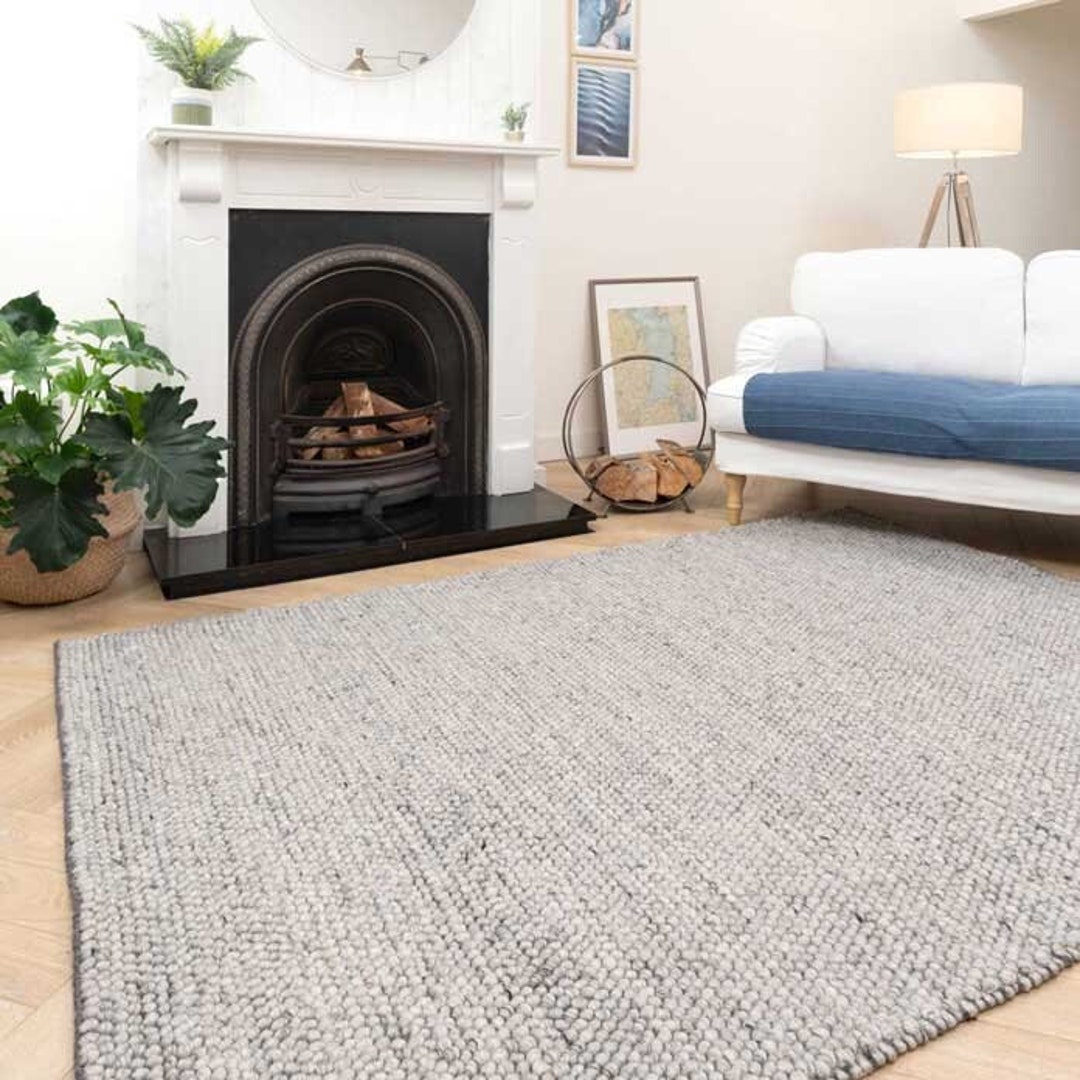 Light Grey Luxury Pebble Wool Rug Thick Cosy Wool Blend Bedroom Living
