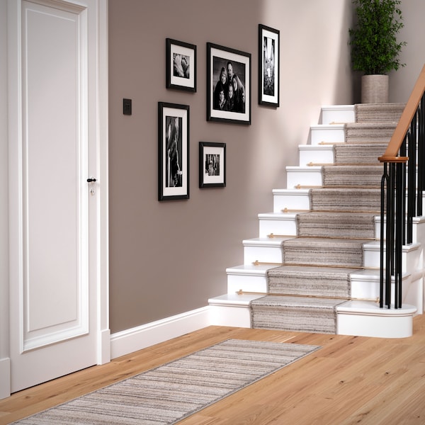 Warm Beige Natural Striped Bordered Stair Carpet Super Soft Extra Long Hallway Stair Runner