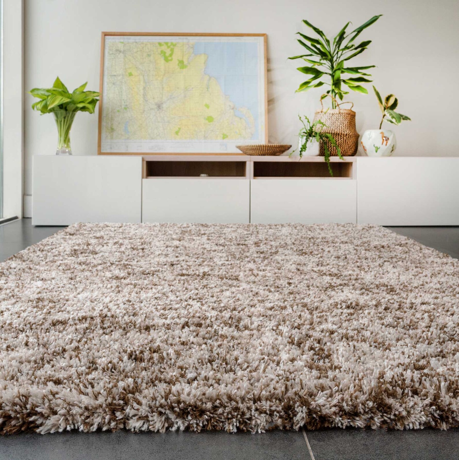 Natural Brown Mottled Shaggy Area Rug Soft Deep Pile Cream Beige Living ...