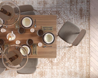 Neutral Beige Traditioneller Orientalischer Teppich Distressed Wohnzimmer Küche Essbereich Mat