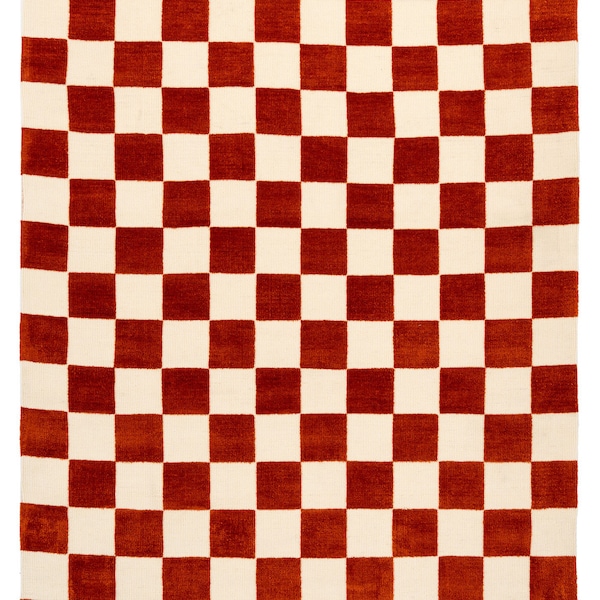 Red White Geometric Rustic Retro Chequered Design | Soft Knitted Bedroom Carpet Living Area Rug Fireside Mat Office Decor | Free Delivery