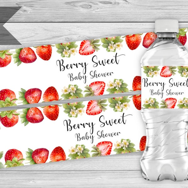 Strawberry Water Bottle Labels, Berry Sweet Baby Shower Wrappers, Strawberry Baby Shower, Strawberry Party Decor, INSTANT DOWNLOAD