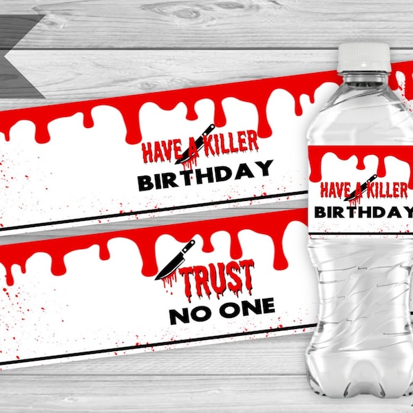 Horror Movie Water Bottle Labels, Scary Movie Birthday Party Wrappers, Halloween Birthday, Crime Scene Party Decor,  INSTANT DOWNLOAD