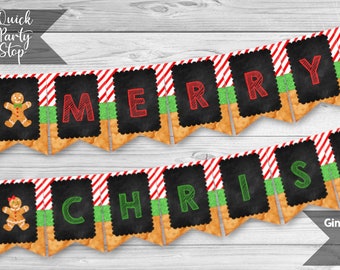 Gingerbread Christmas Banner, Merry Christmas Banner, Christmas Party Decoration, Gingerbread Theme Decor, Cookie Exchange, INSTANT DOWNLOAD