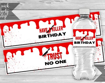 Horrorfilm Wasserflaschenetiketten, Horrorfilm-Geburtstags-Party-Wrappers, Halloween Geburtstag, Tatort-Party-Dekor, SOFORTIGER DOWNLOAD