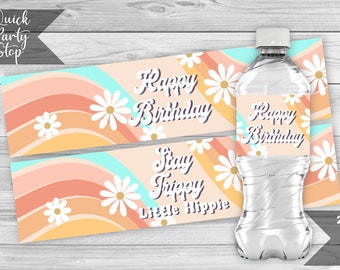 Etichette per bottiglie d'acqua groovy, involucri per feste di compleanno Hippie, compleanno a tema anni '70, decorazioni per feste retrò, etichette di compleanno, DOWNLOAD IMMEDIATO