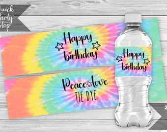 Tie Dye Water Bottle Labels, Rainbow Birthday Party Wrappers, Tie Dye Birthday, Rainbow Party Decor, Birthday Labels, INSTANT DOWNLOAD