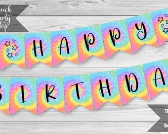 Tie Dye Happy Birthday Banner, Rainbow Birthday Party, Pennant Banner, Rainbow Party Decoration, Tie Dye Decor, INSTANT DOWNLOAD