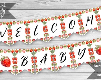 Strawberry Welcome Baby Banner, Strawberry Baby Shower, Pennant Banner, Red Strawberry Baby Shower Decoration, INSTANT DOWNLOAD