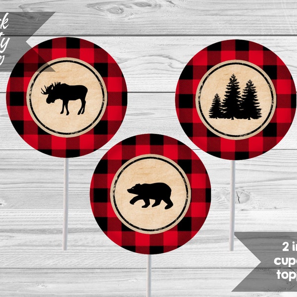 Lumberjack Birthday Cupcake Toppers, Wild One, Printable 2 Inch Cupcake Toppers, Little Lumberjack Party Printables, INSTANT DOWNLOAD