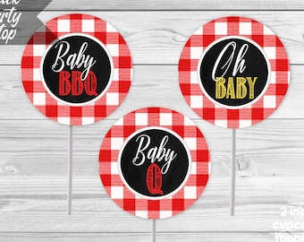 Baby Q babyshower-muffinsdekorationer, BBQ-babyshower, utskrivbara 5 cm muffinsdekorationer, gör-det-själv-fest utskrivbar, direkt nedladdning