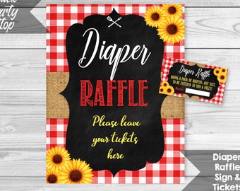 Baby Q Diaper Raffle Sign and Tickets, BBQ Baby Shower, Barbeque and Sunflower Diaper Raffle insert and Sign, INSTANT DOWNLOAD