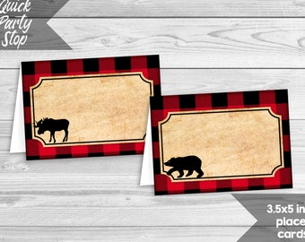 May include: Two printable place cards with a red and black buffalo plaid pattern. The cards feature a moose and a bear silhouette. The text "3.5x5 inch place cards" is at the bottom of the image.