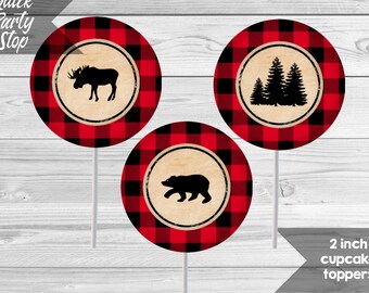 Lumberjack Birthday Cupcake Toppers, Wild One, Printable 2 Inch Cupcake Toppers, Little Lumberjack Party Printables, INSTANT DOWNLOAD