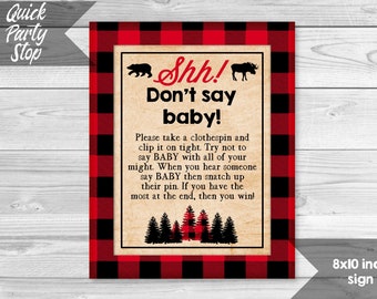 Lumberjack Don't Say Baby Game, Lumberjack Baby Shower, Clothespin Game Sign, Plaid Rustic Sign, Baby Shower Game, INSTANT DOWNLOAD