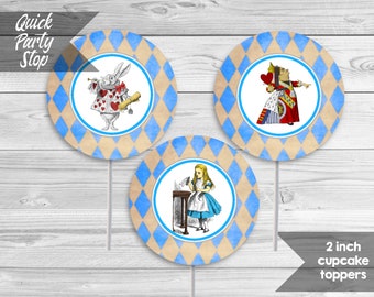 Alice in Wonderland Cupcake Toppers, Printable 2 Inch Cupcake Toppers, Vintage Party Printables, Mad Hatter, Cheshire Cat, INSTANT DOWNLOAD