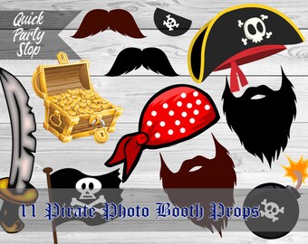 Puede incluir: Once accesorios de cabina de fotos con temática pirata, que incluyen un cofre del tesoro, una espada, un parche para el ojo, un sombrero de pirata, un bigote, una barba y una bandana. Los accesorios están impresos en cartulina blanca y están listos para recortarse y usarse.
