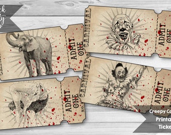 Creepy Carnival Ticket Printables, Vintage Circus Ticket Stubs, Halloween Party Printables, Birthday Entry Tickets, INSTANT DOWNLOAD