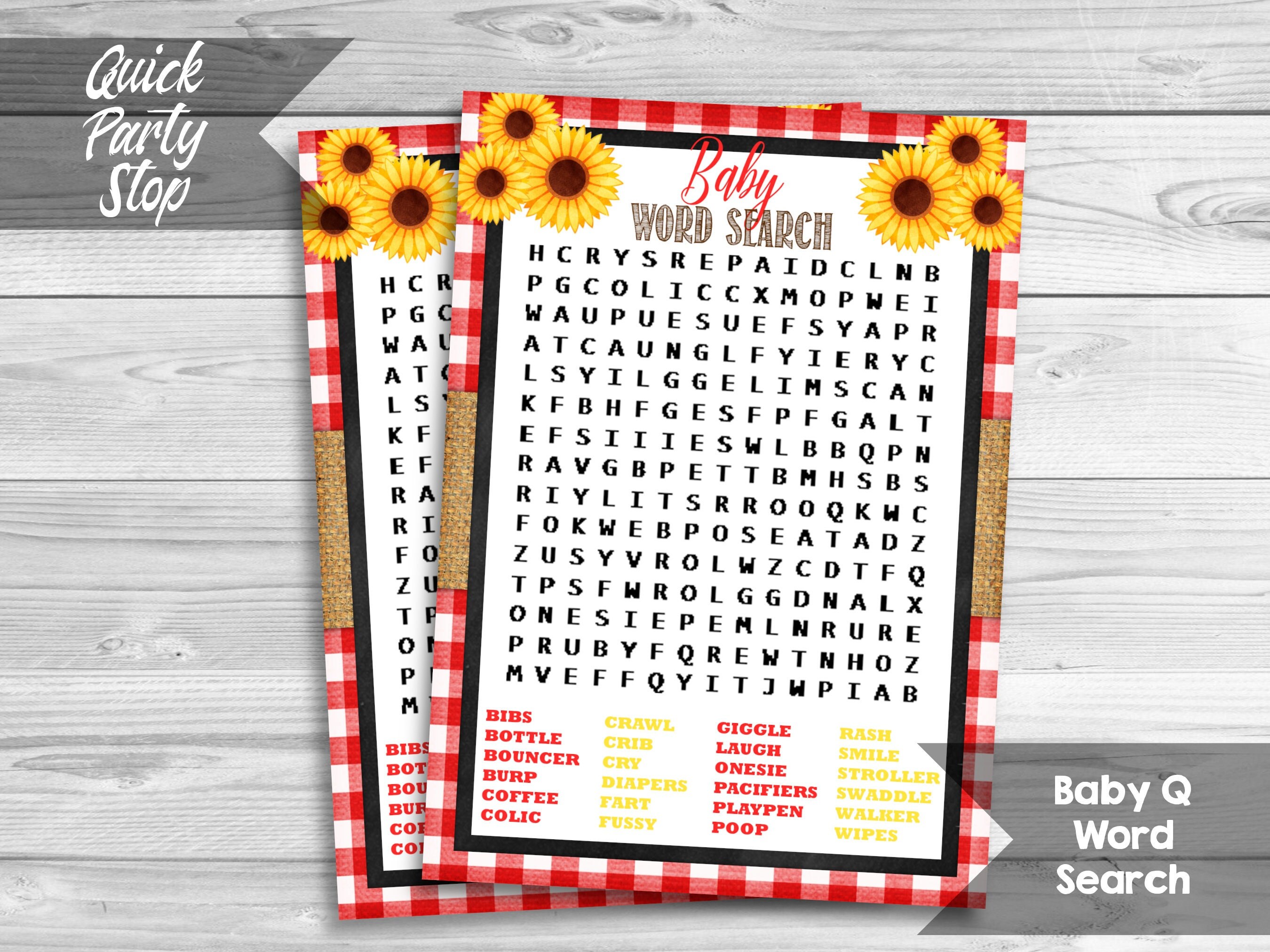 Baby Shower Word Search Game, Baby Q Printable Game Sheet, BBQ Baby Shower, Red Plaid and Sunflowers, Baby Shower Games, INSTANT DOWNLOAD