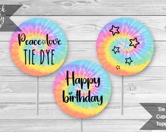 Tie Dye Birthday Cupcake Toppers, Tie Dye Printable 2 Inch Cupcake Toppers, Party Printables, Birthday Toppers, INSTANT DOWNLOAD