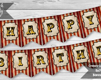 Creepy Carnival Happy Birthday Banner, Vintage Circus Birthday Party, Carnival Party Decoration, Freak Show Theme Decor, INSTANT DOWNLOAD