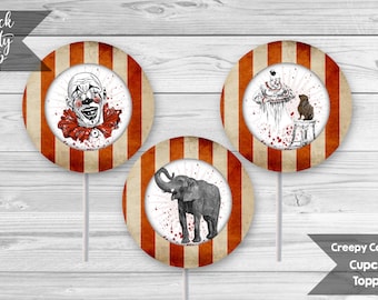 Creepy Carnival Birthday Cupcake Toppers, Printable 2 Inch Toppers, Vintage Circus Party Printables, Birthday Toppers, INSTANT DOWNLOAD