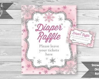 Signo y boletos para la rifa de pañales de copo de nieve, baby shower de invierno, inserto y letrero para la rifa de pañales, baby shower congelado, DESCARGA INSTANTÁNEA