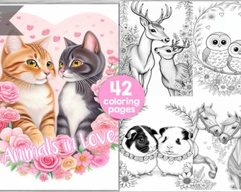 Cute Animals in Love Coloring Pages, Instant Download Printable, Adorable Designs, DIY Valentine&#39;s Day Gift, Kids and Adults Coloring Sheets