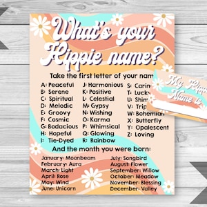 Hippie Name Game, Groovy Birthday Party, Printable Game Sheet, What&#39;s Your Name Game, Retro Name Game, Birthday Party Game, INSTANT DOWNLOAD