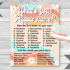 Hippie Name Game, Groovy Birthday Party, Printable Game Sheet, What's Your Name Game, Retro Name Game, Birthday Party Game, INSTANT DOWNLOAD