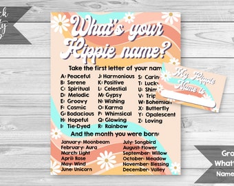 Hippie Name Game, Groovy Birthday Party, Printable Game Sheet, What's Your Name Game, Retro Name Game, Birthday Party Game, INSTANT DOWNLOAD