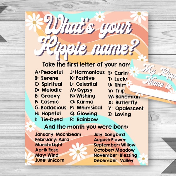 Hippie Name Game, Groovy Birthday Party, Printable Game Sheet, What's Your Name Game, Retro Name Game, Birthday Party Game, INSTANT DOWNLOAD