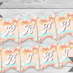 Groovy Happy Birthday Banner, Hippie Birthday Party, Pennant Banner, Retro Party Decoration, 70&#39;s Theme Decor, INSTANT DOWNLOAD