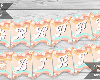 Peut inclure: Ensemble de bannières groovy 5x7 pouces avec un motif rétro arc-en-ciel et marguerite. La bannière épelle "Happy" en lettres blanches.