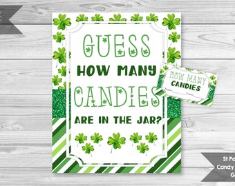 St Patricks Guess How Many Candies Sign and Tickets, St Patrick's Day Party, Shamrock Sign, Candy Game, Guessing Game, INSTANT DOWNLOAD