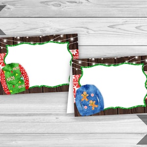 May include: Two printable place cards featuring a woodgrain background with string lights and a Christmas sweater design. The text "Ugly Sweater Food Tents" is visible below the cards.