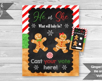 Gingerbread He or She Gender Reveal Voting Sign and Ballots, Christmas Gender Reveal, He or She Cast Your Vote, Voting Game INSTANT DOWNLOAD