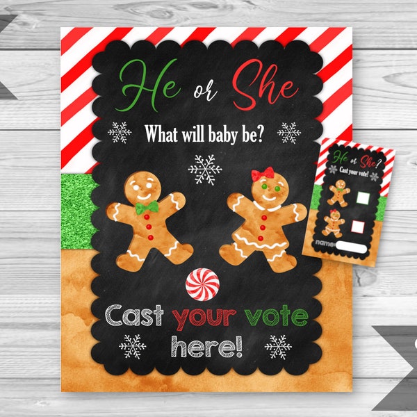 Gingerbread He or She Gender Reveal Voting Sign and Ballots, Christmas Gender Reveal, He or She Cast Your Vote, Voting Game INSTANT DOWNLOAD