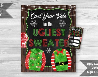 Ugly Sweater Contest Sign and Tickets, Ugly Sweater Party, Christmas Party, Tacky Sweater Voting Game, Voting Ballots, INSTANT DOWNLOAD
