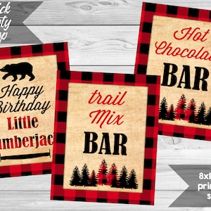 5 letreros de leñador, decoraciones de leñadores, leñadores de feliz cumpleaños, barra de mezcla de senderos, barra de chocolate caliente, decoración rústica, DESCARGA INSTANTÁNEA