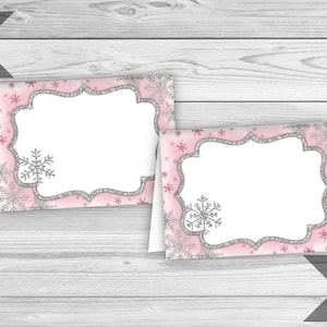 Snowflake Editable Food Tents, Winter food Labels, Christmas Birthday, Pink Snowflake Label, Frozen Party Food Cards, INSTANT DOWNLOAD