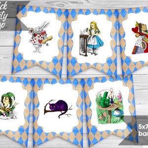 Alice im Wunderland Banner, Mad Hatter Bunting, Druckbares Wunderland Banner, Wimpel Banner, Vintage Alice Dekoration, SOFORTIGER DOWNLOAD
